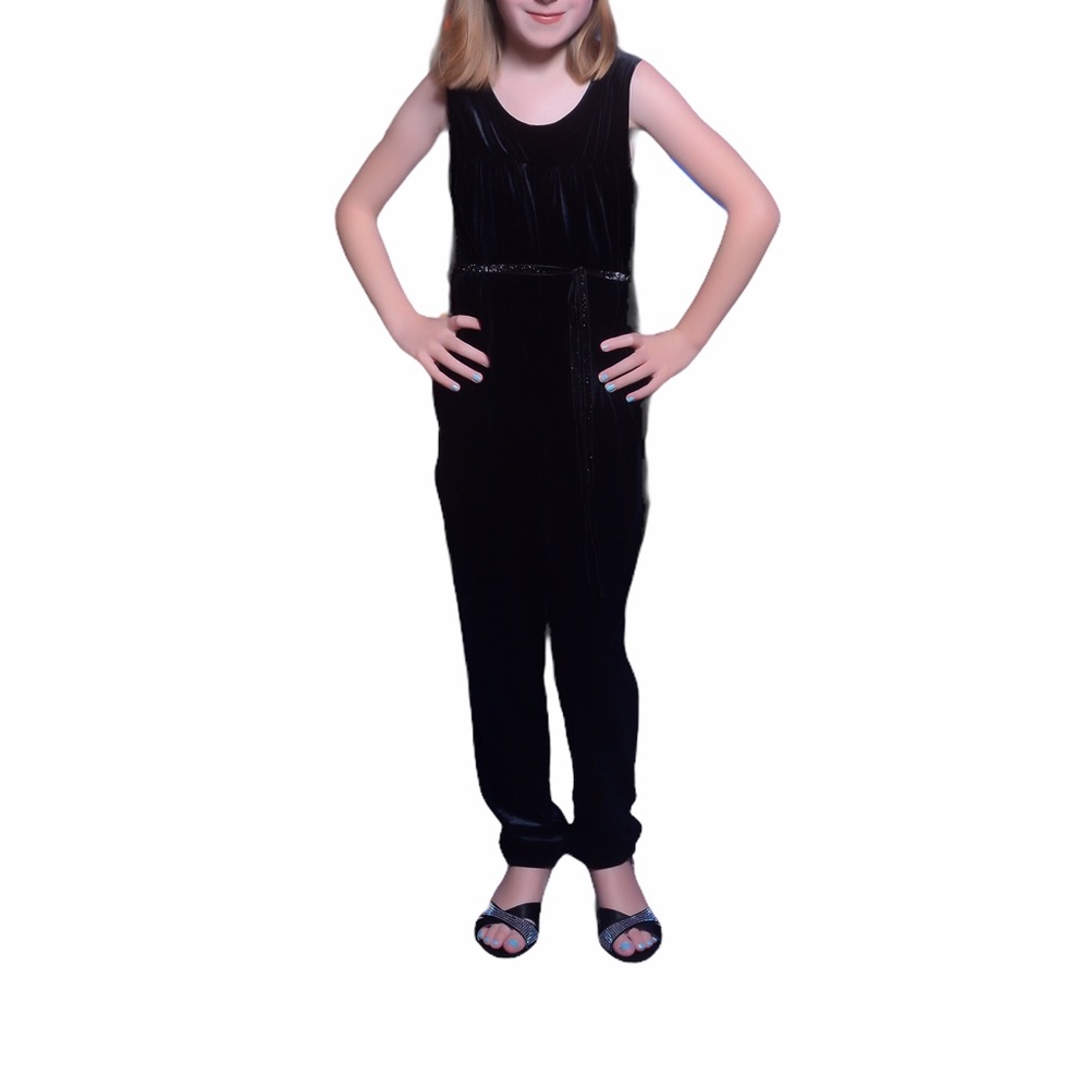 CHEROKEE Jumpsuit Formal Black Velour Size 6 Sleeveless Sparkle Tie Belt